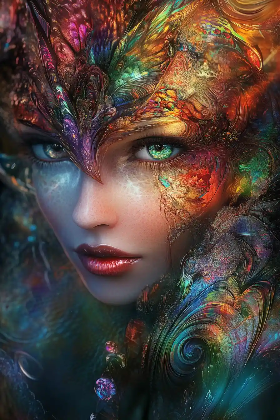 Mystical enchantress crossing into a vibrant fantasy realm