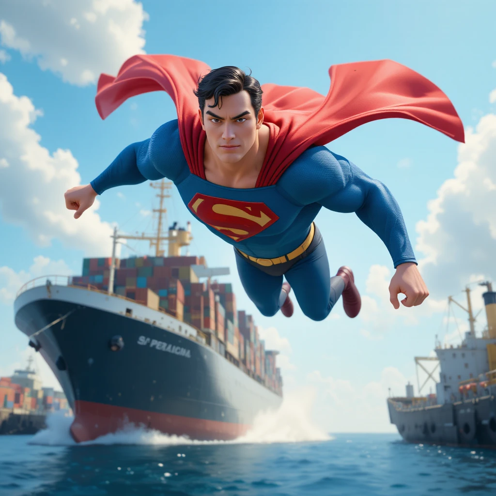 Superhero diving toward drifting cargo ship in bright daylight