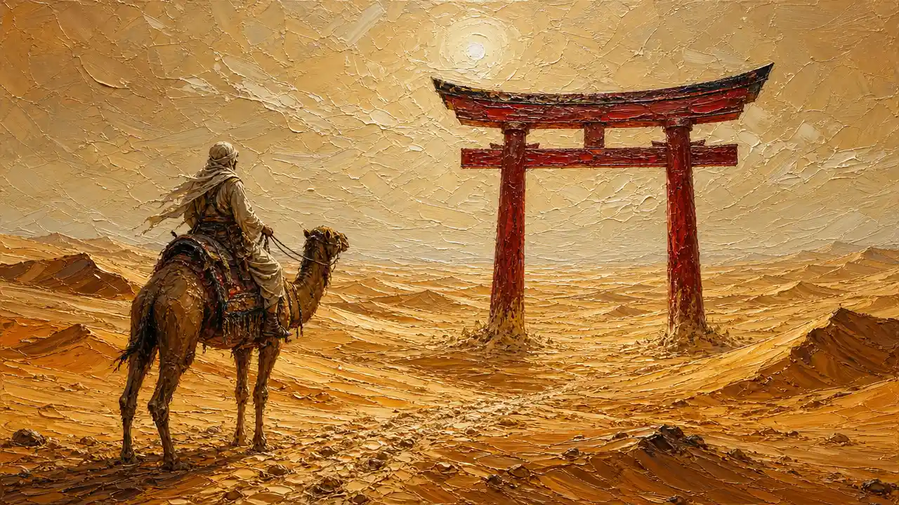 Woman on camel crossing vast desert in oil painting