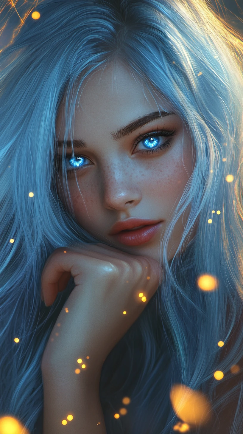 Mystical girl with luminous blue hair and golden embers