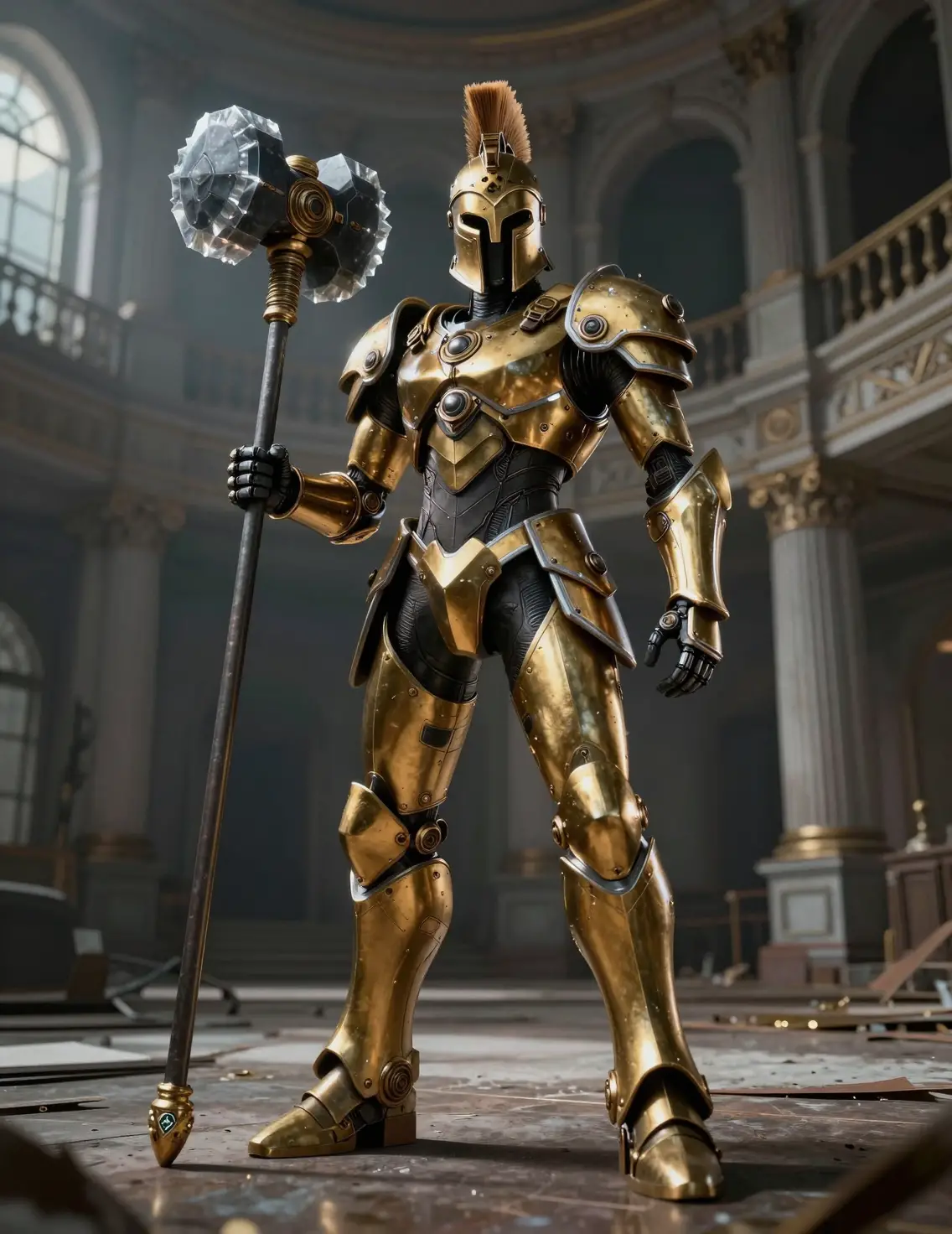 Steampunk battle automaton in abandoned grand moonlit lobby