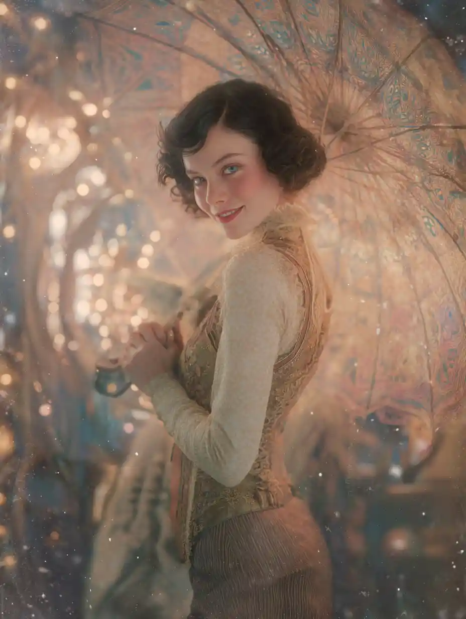 Vintage heroine smiling amid ornate dreamy patterns