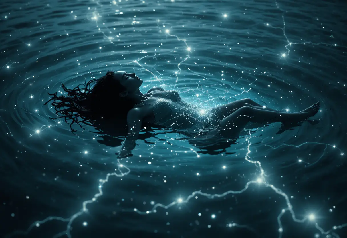 Serene figure floating on glowing starlit dark water