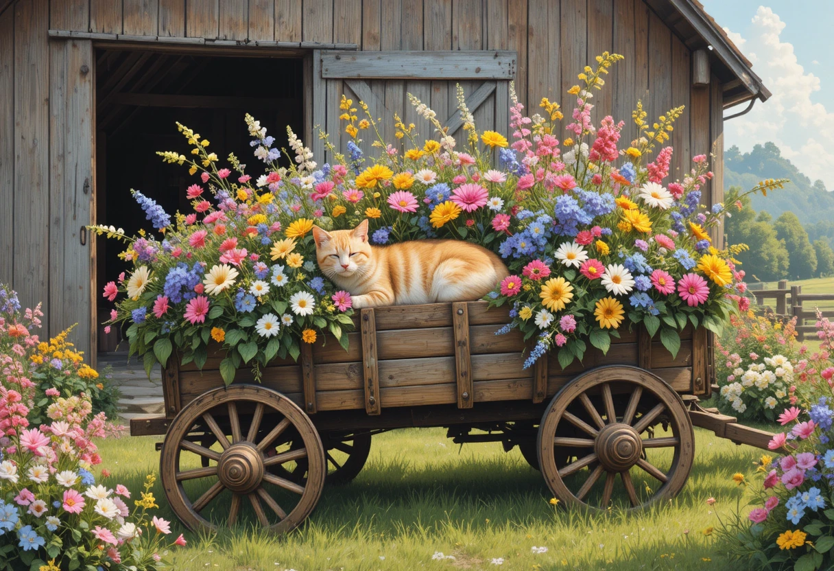 Vintage farm wagon filled with wildflowers and sleeping cat