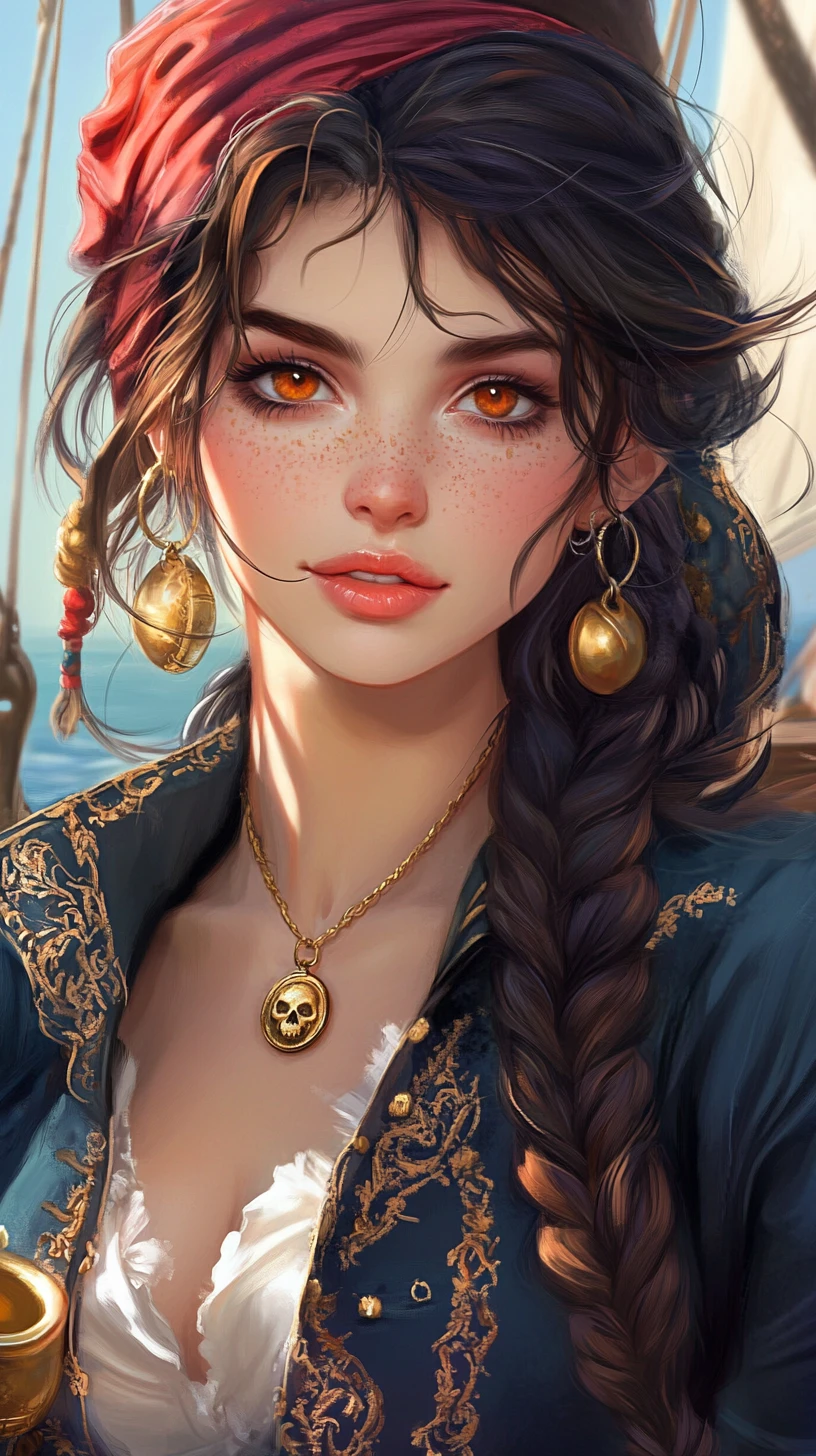 Confident elf pirate girl portrait on a calm blue sea