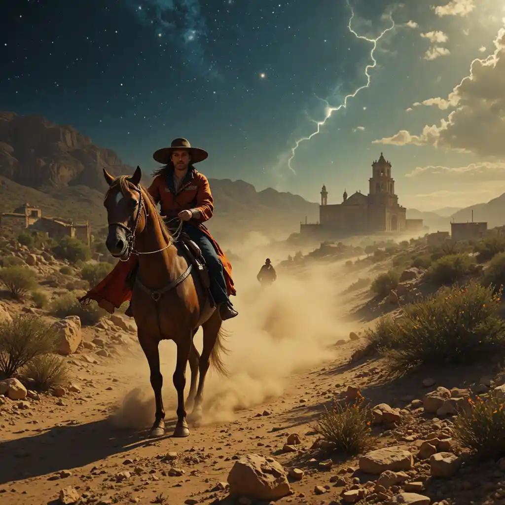 Riders on a lone horse crossing the hot desert sun