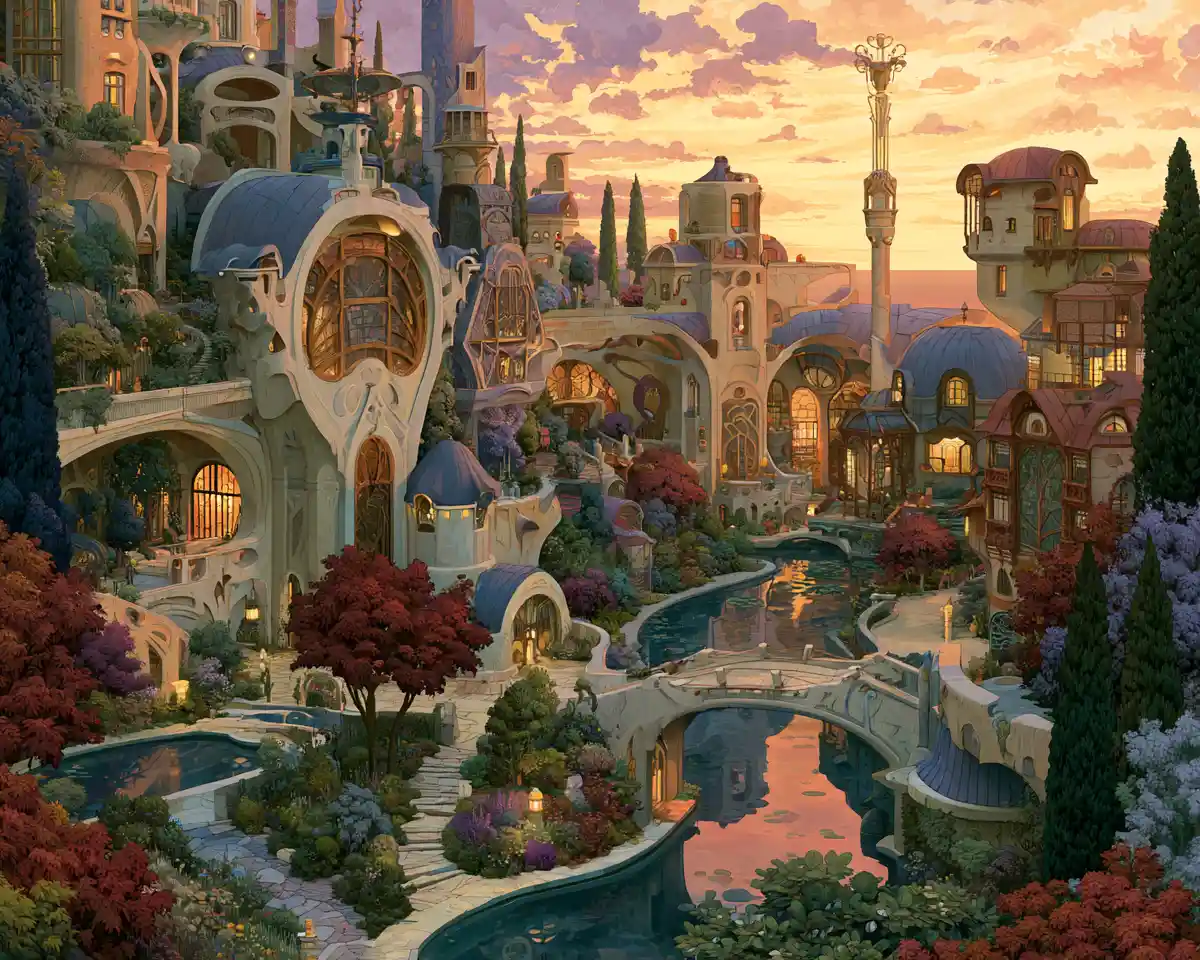 Art Nouveau fantasy cityscape at sunset with water and foliage