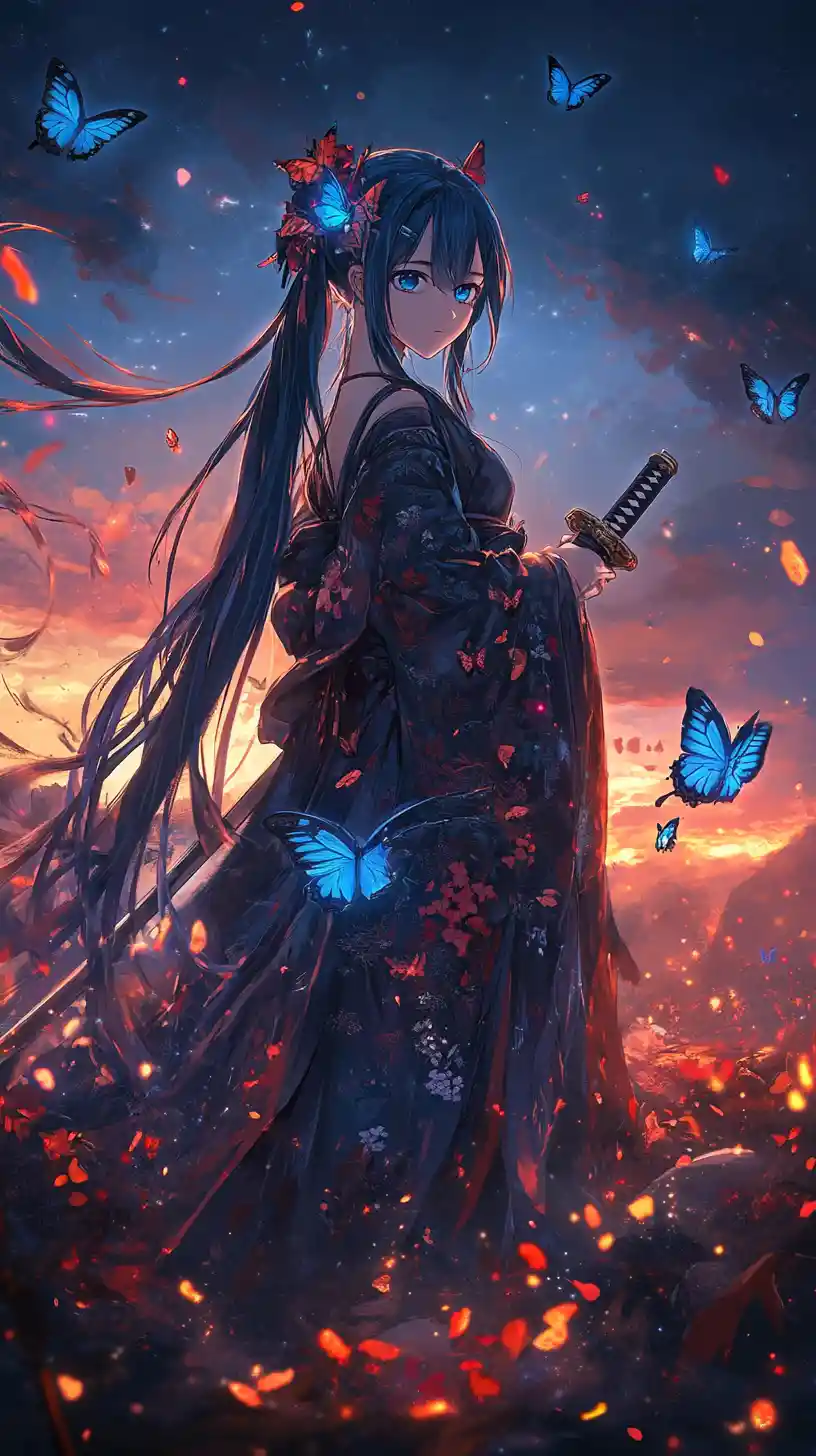Anime swordswoman with blue butterflies at glowing sunset