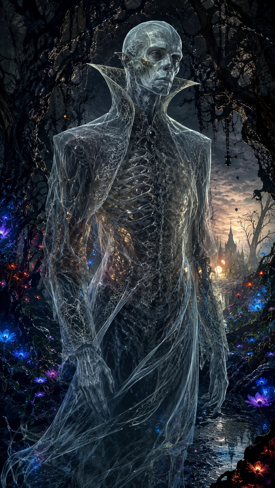 Translucent vampire in an enchanted twilight forest clearing