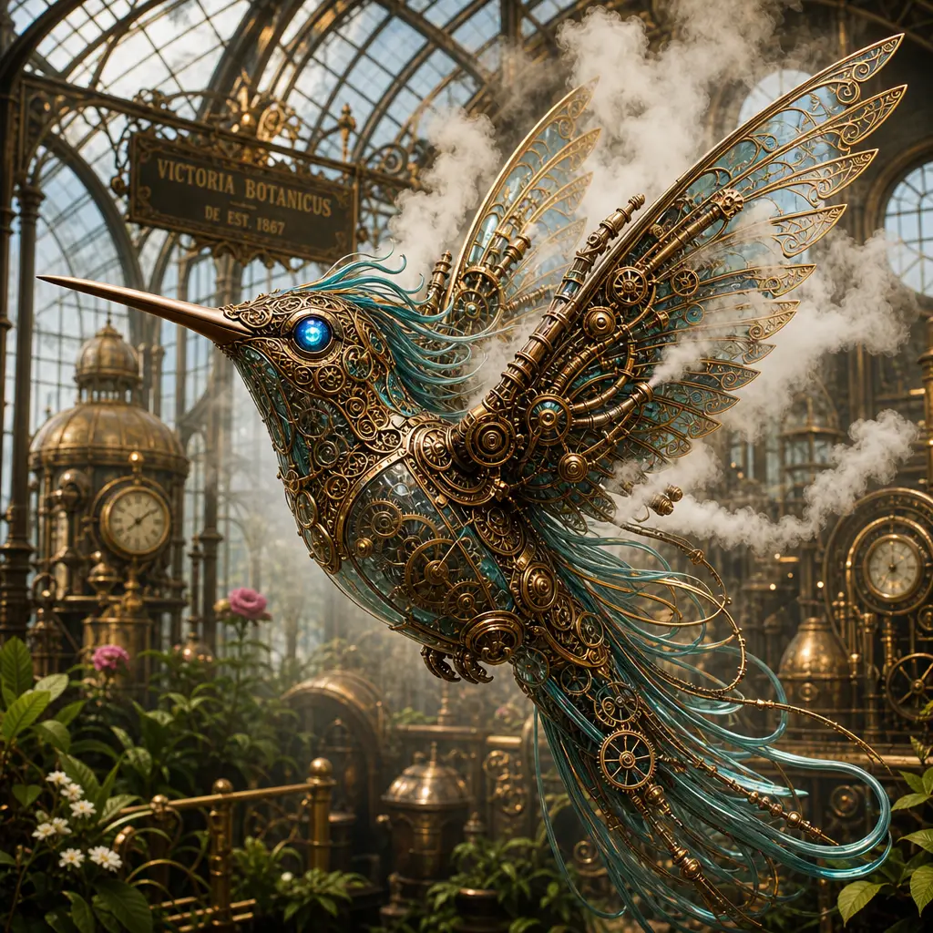 Futuristic steampunk hummingbird in a victorian greenhouse