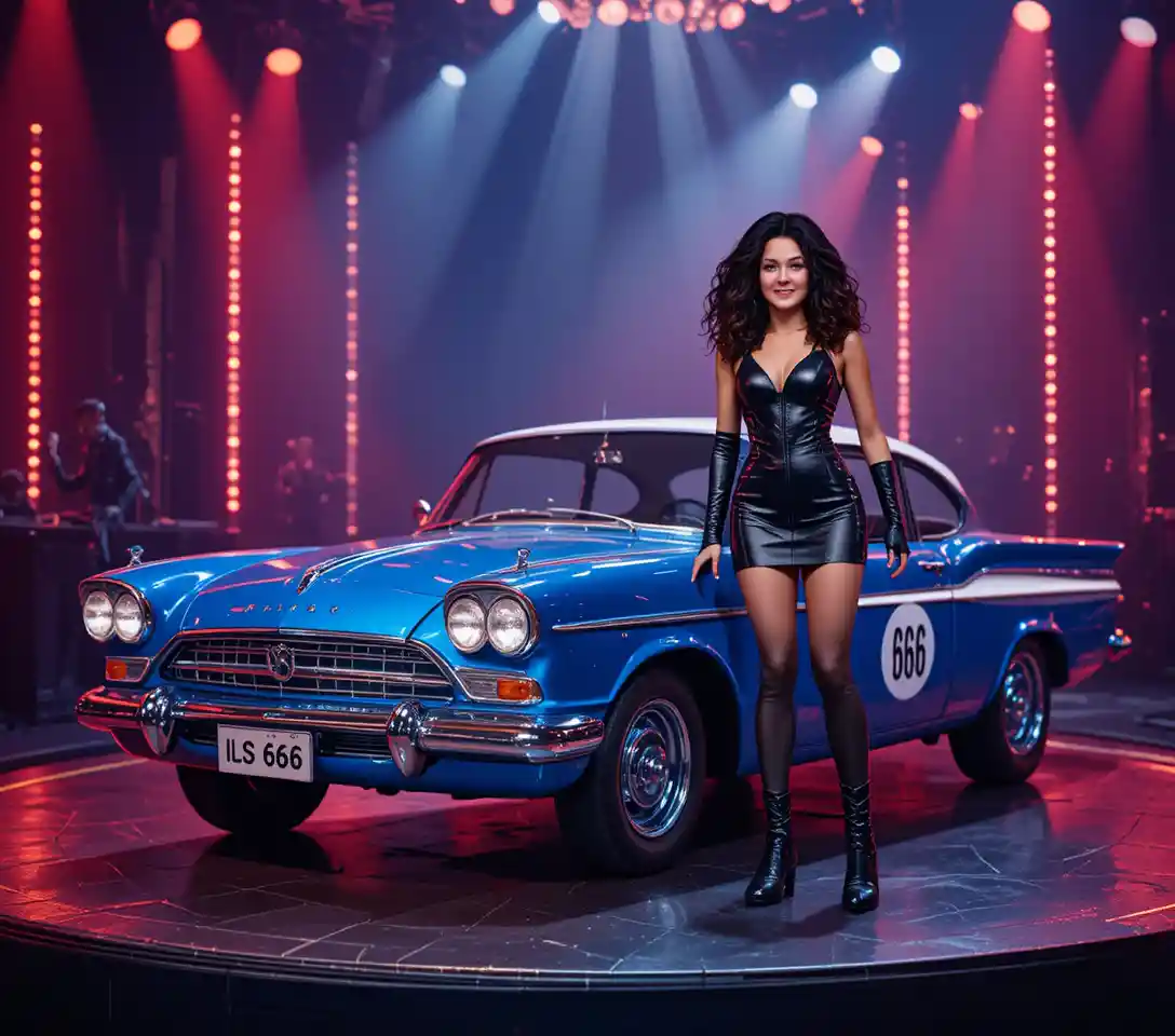 Royal blue classic car on rotating stage with model