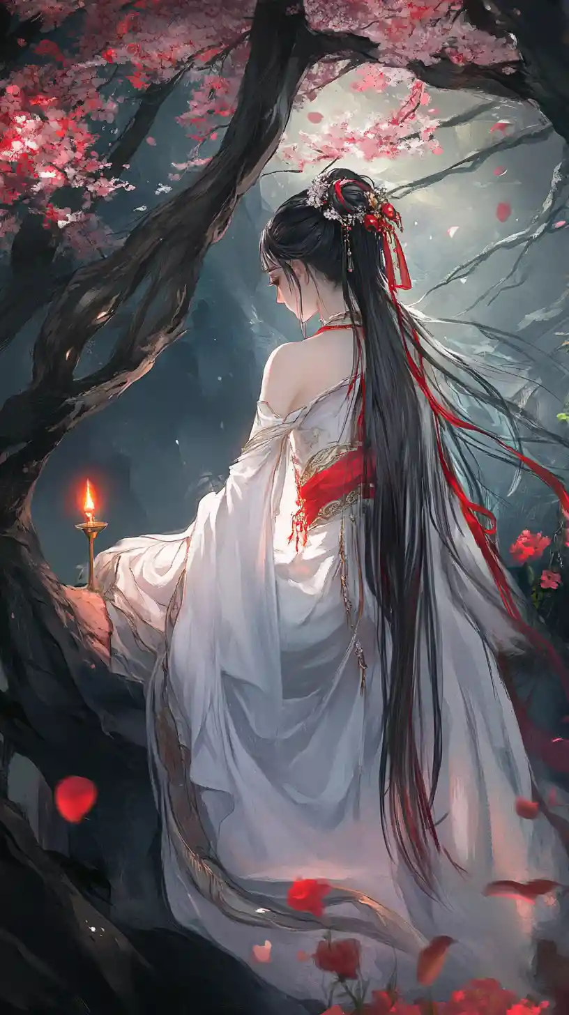 Woman in white hanfu beneath glowing cherry blossoms