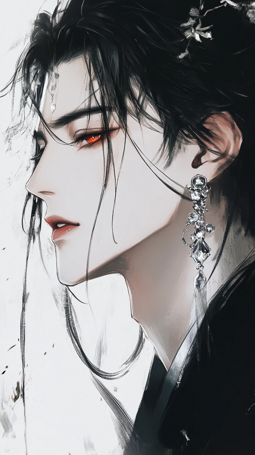 Ethereal Anime Man With Crimson Eyes Close Up Portrait
