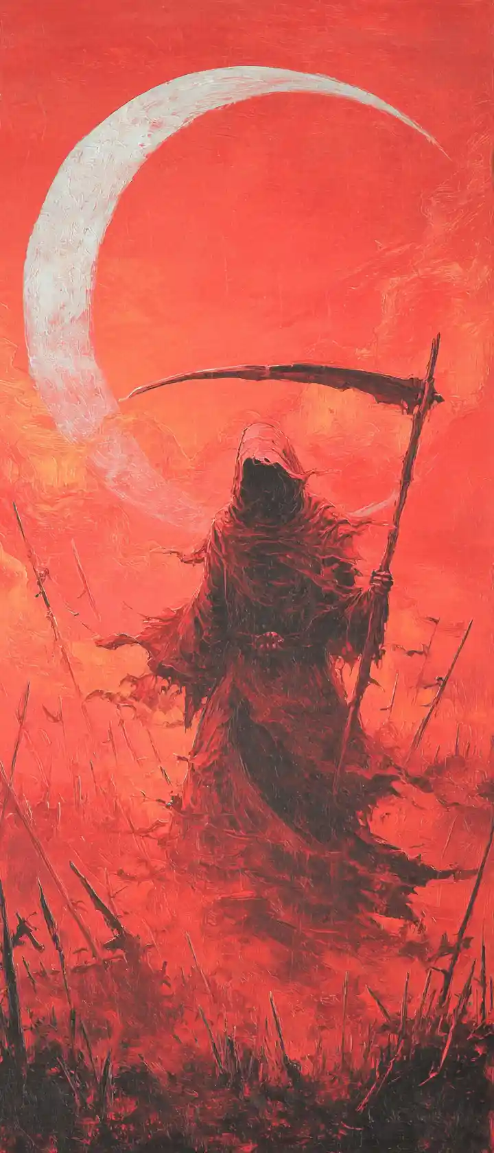 Grim reaper in tattered robes on a moonlit battlefield