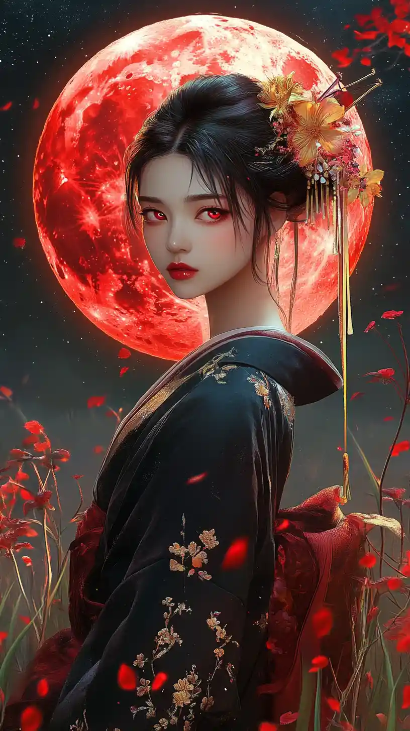 Anime woman in kimono under a crimson full moon