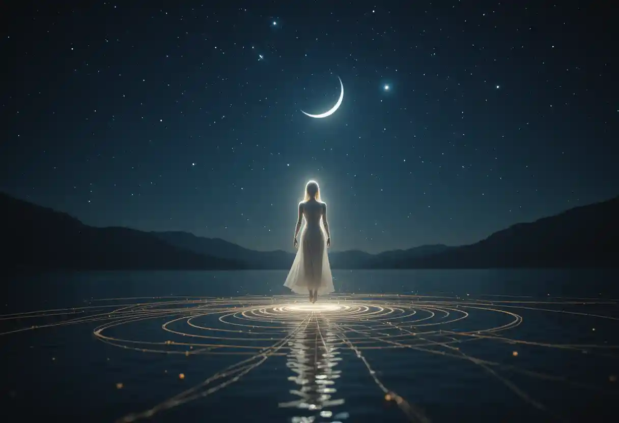 Glowing ethereal figure floating above a tranquil night lake