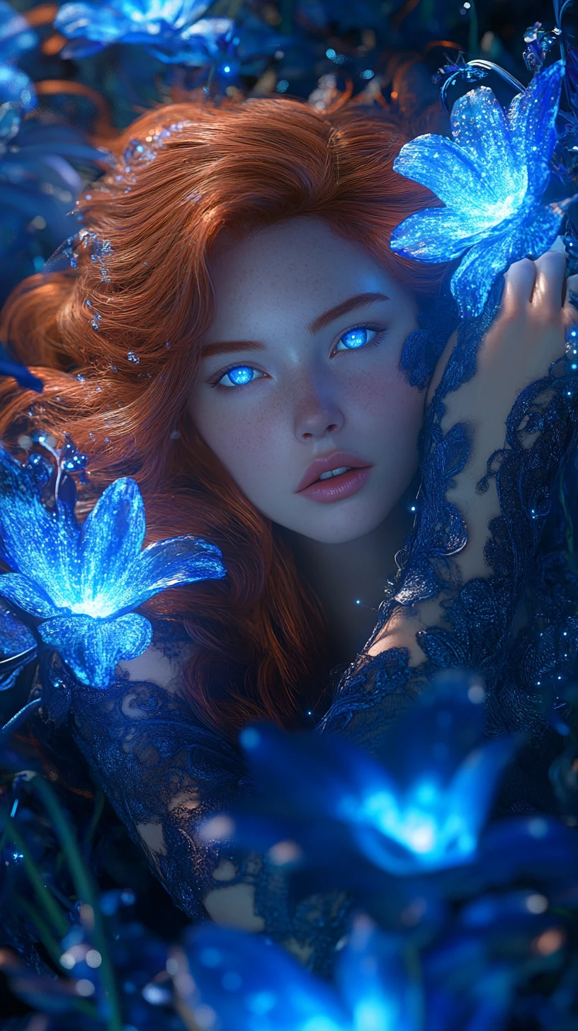 Blue eyed girl with glowing flowers in fantasy garden