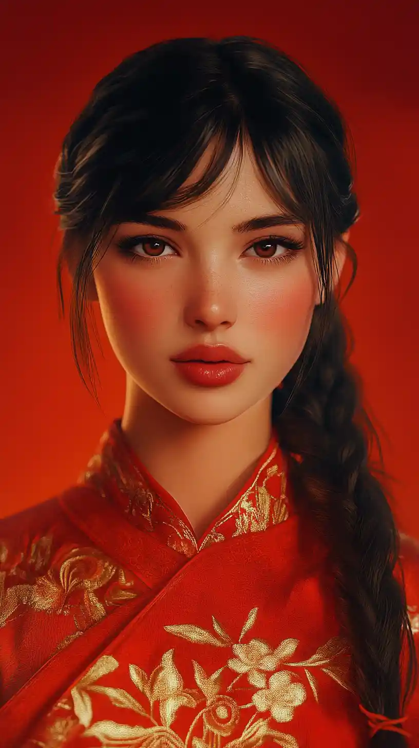 Calm girl in red braid portrait on vivid background