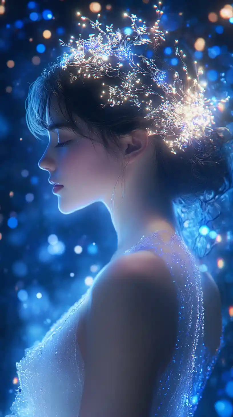 Young woman in glowing cosmic gown and braided updo