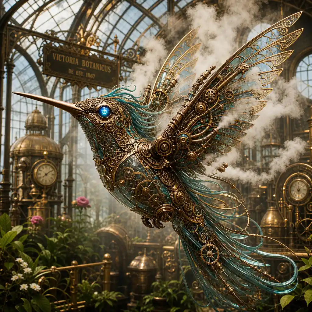 Futuristic steampunk hummingbird in a victorian greenhouse