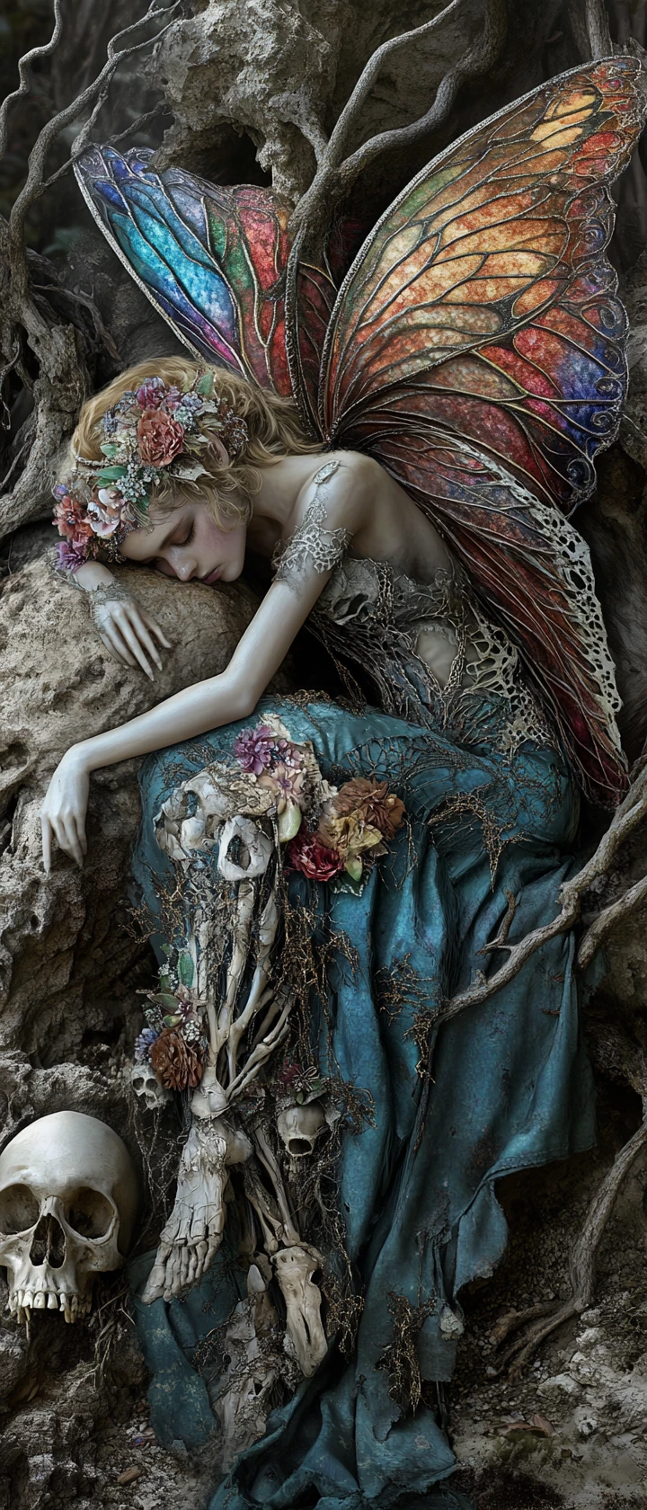 Sleeping skeletal fairy against a skull on desolate beach
