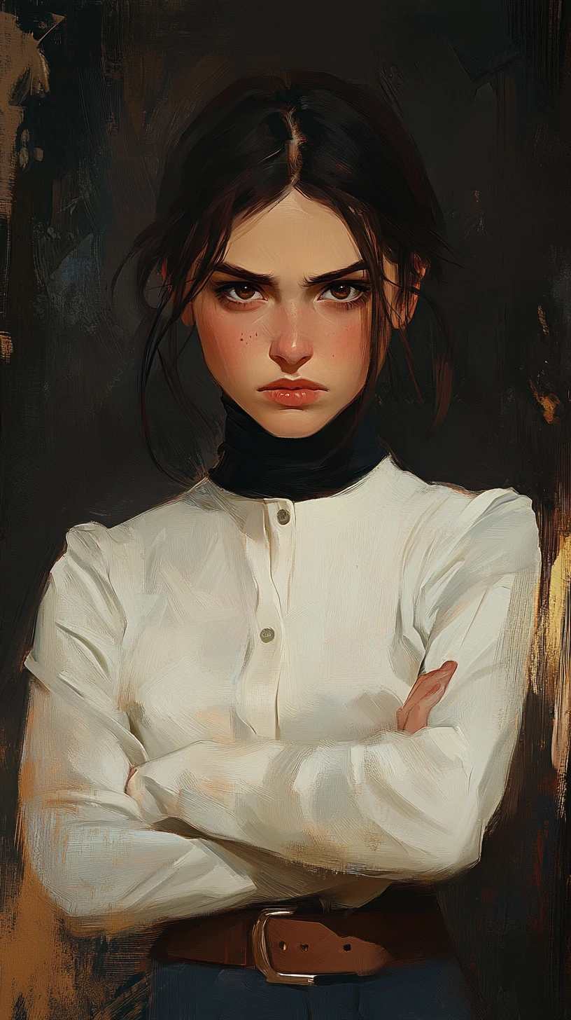 Defiant girl in school uniform with intense dramatic lighting