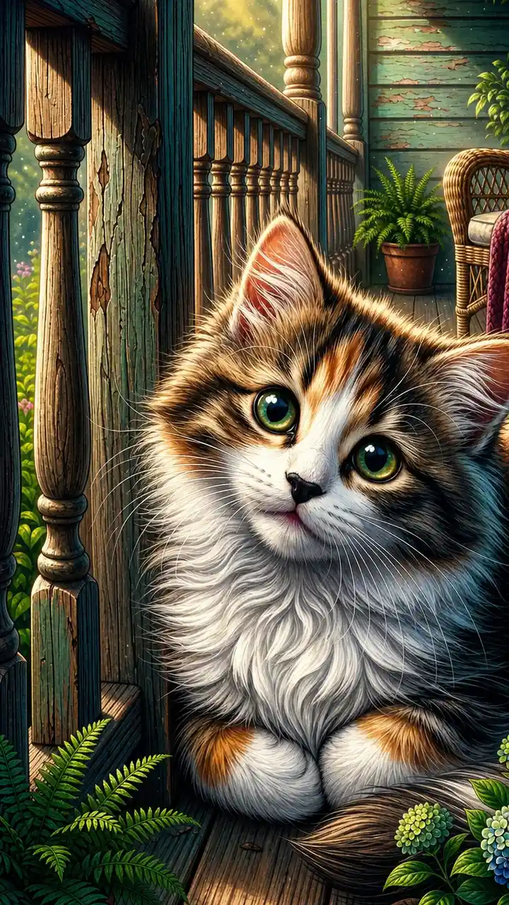 Cute long haired kitten on a porch in dramatic light