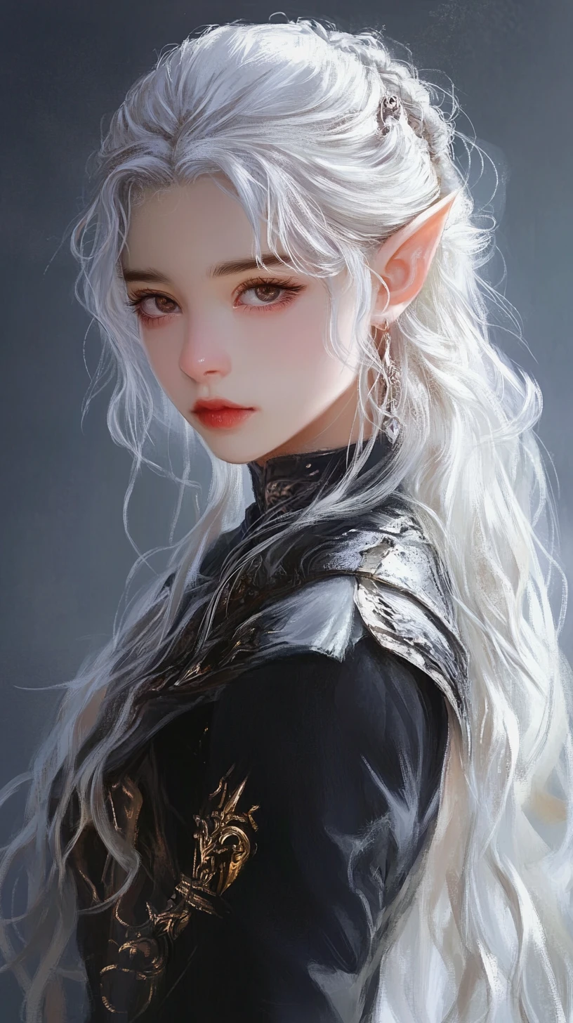 Stoisches Elfenmädchen in mehrlagiger tribal-inspirierter Fantasy-Kleidung