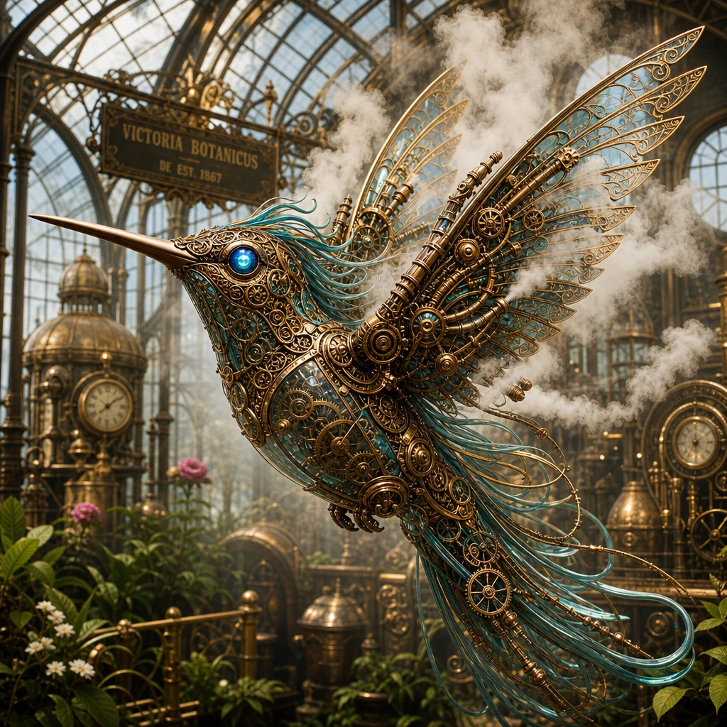 Colibri steampunk futuriste dans une serre victorienne