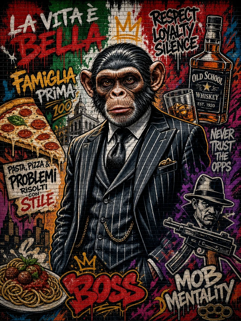 Gangster monkey character painted on colorful graffiti wall
