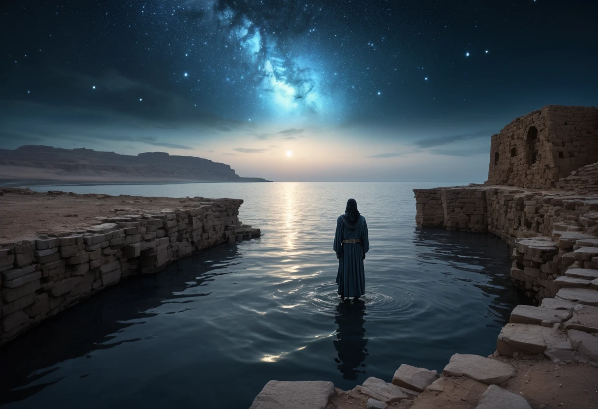 Man at the edge of ancient ruins under starry sky