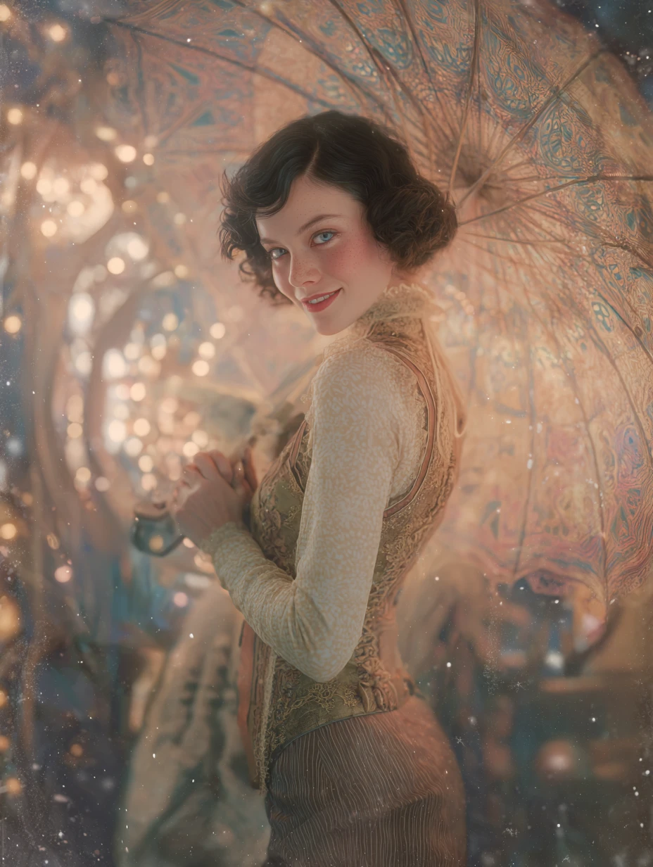 Vintage heroine smiling amid ornate dreamy patterns