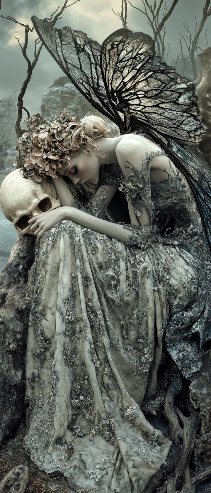Sleeping skeletal fairy resting against a decaying skull