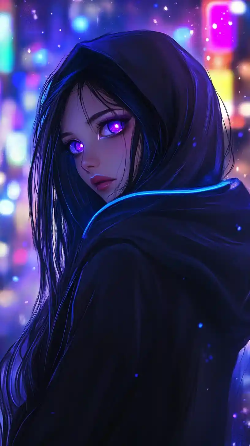 Anime girl in neon city with glowing purple eyes