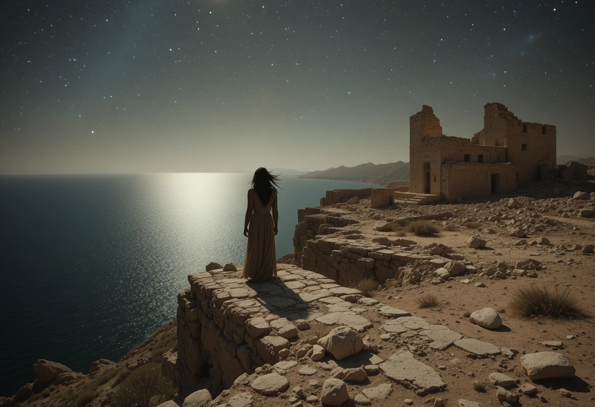 Solitary man at ancient ruins under a vast starry sky