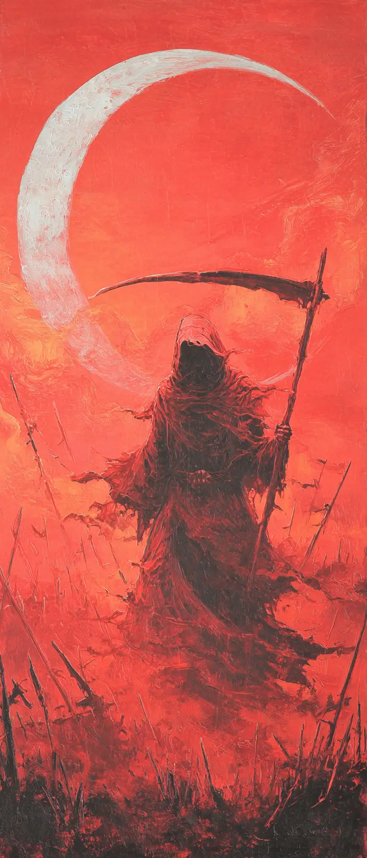 Grim reaper in tattered robes on a moonlit battlefield