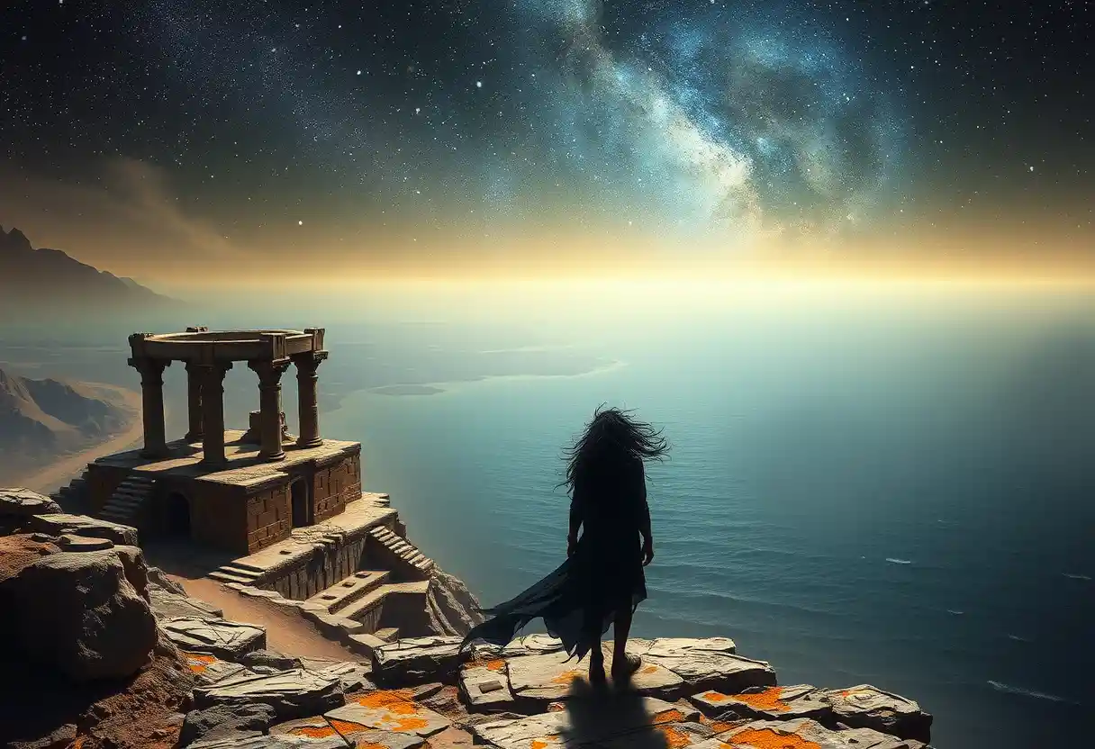Man at ancient cliffside ruins under a vast night sky