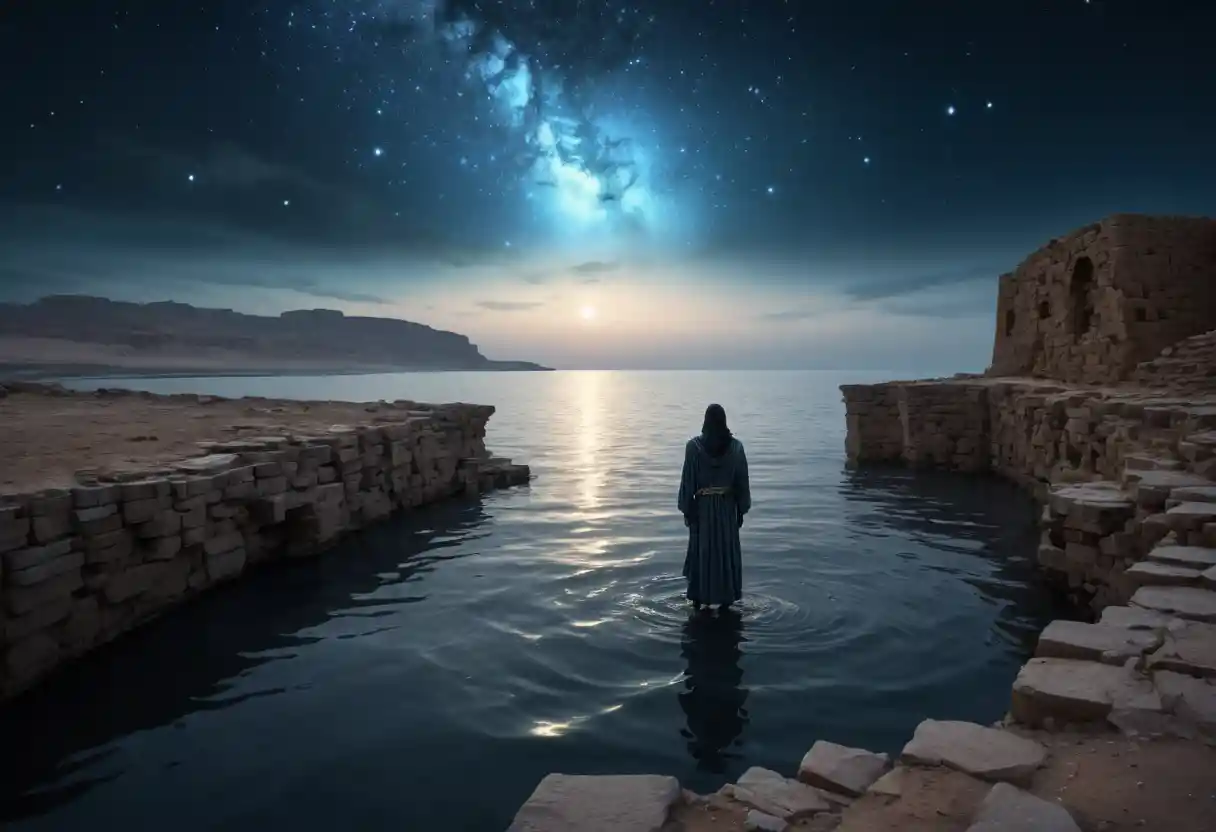 Man at the edge of ancient ruins under starry sky