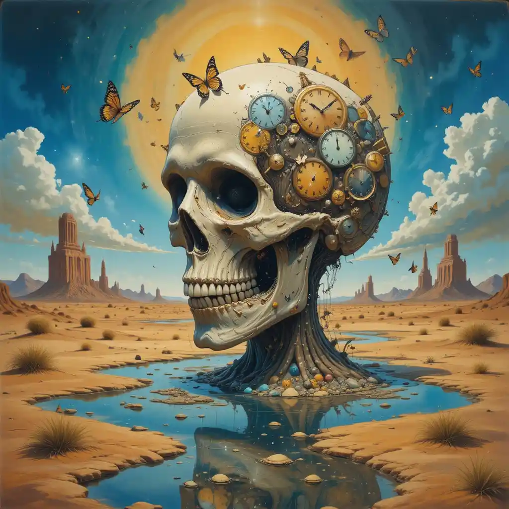 Surreal melting skull in a desert with clocks and butterflies