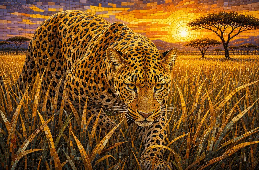 Mosaic Leopard Stalking Through Golden Savanna Grass