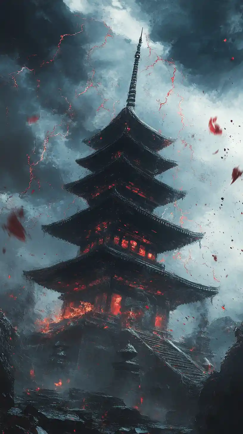 Ominous glowing pagoda engulfed by swirling dark energy