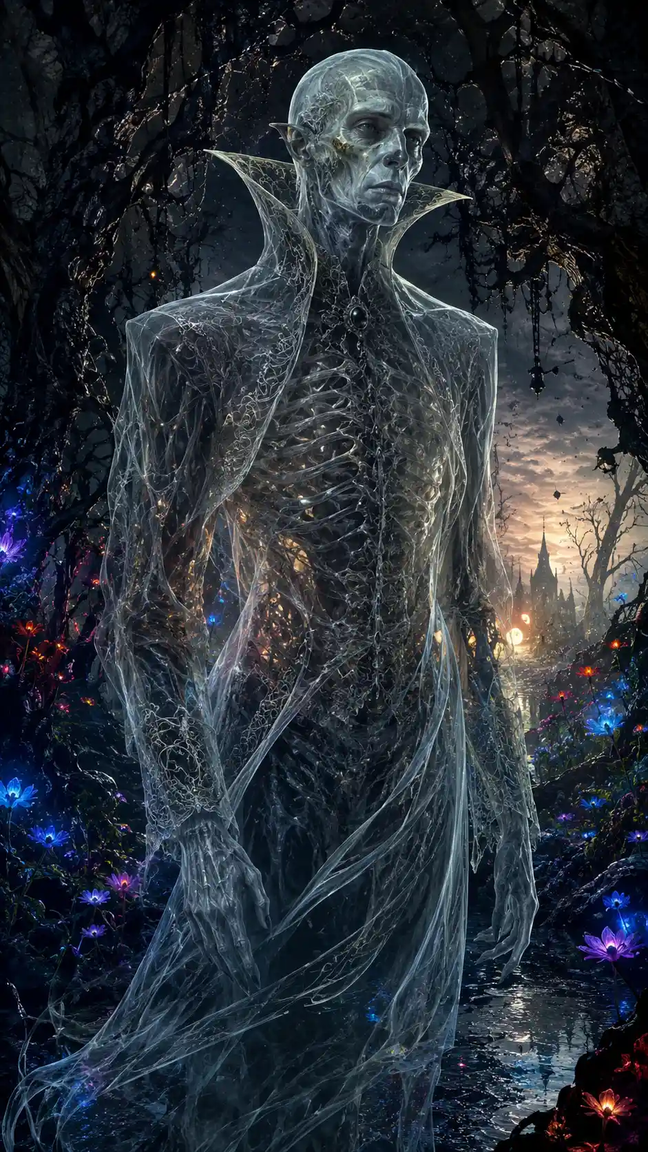 Translucent vampire in an enchanted twilight forest clearing