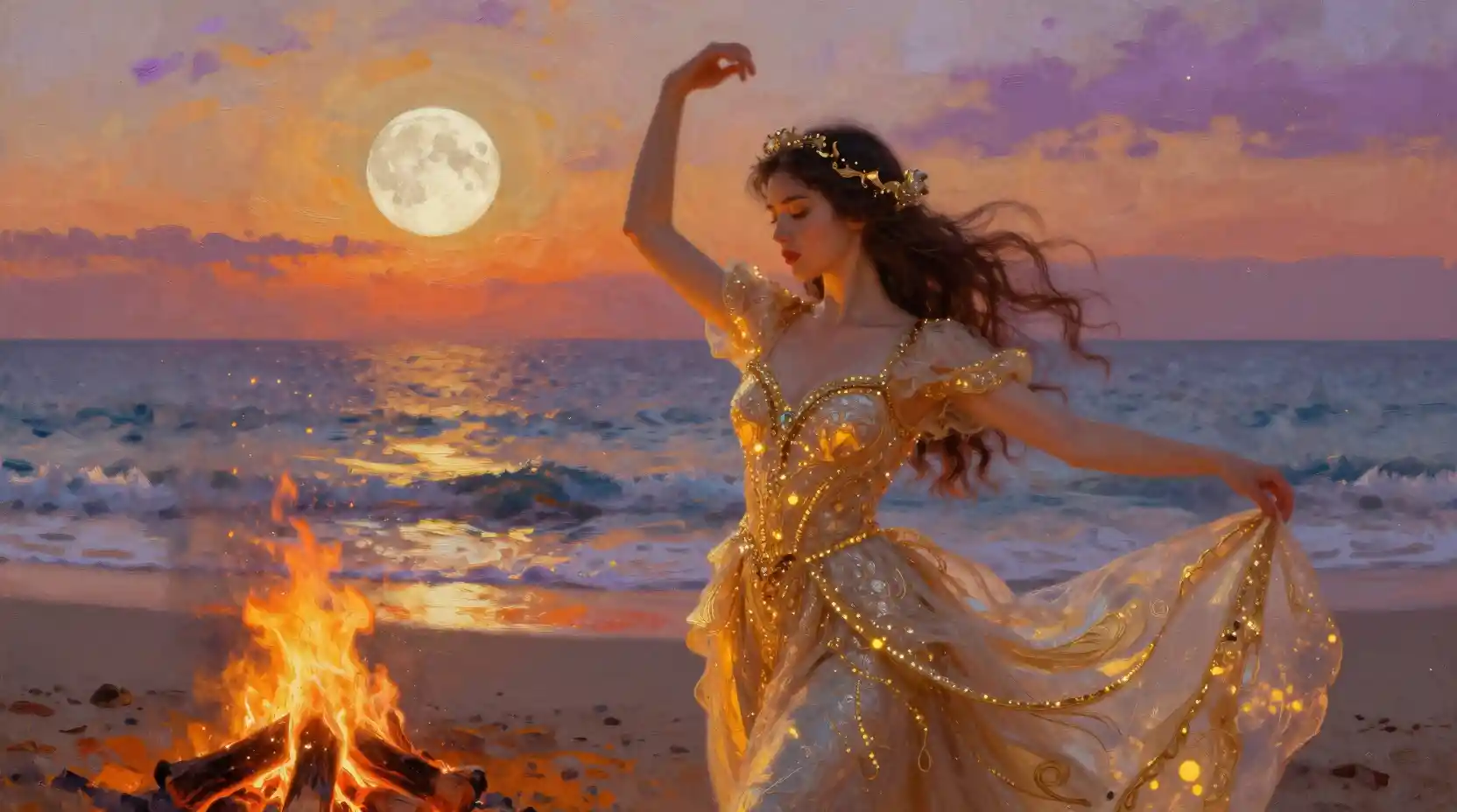 Woman dancing by the bonfire on a sunset beach