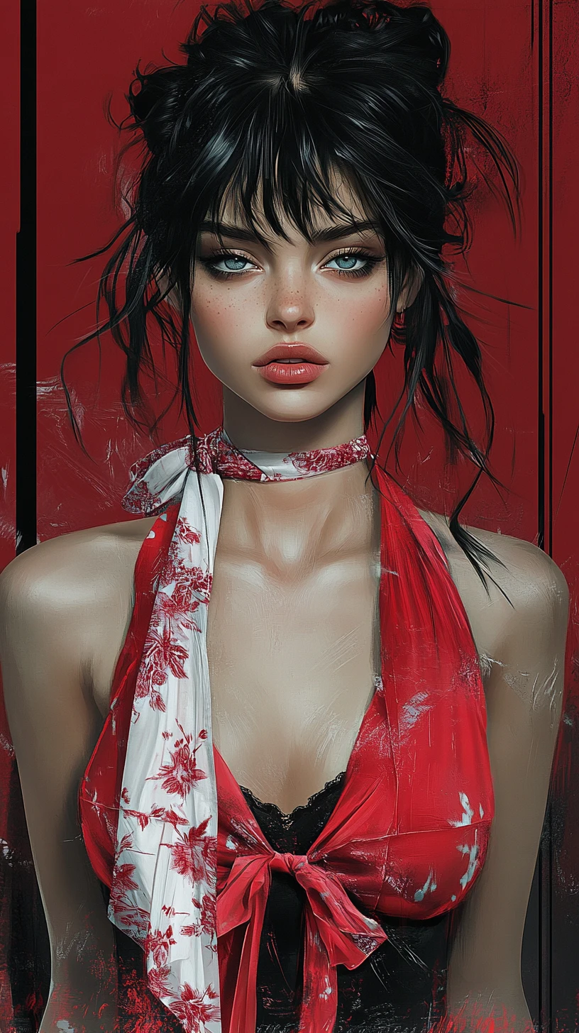 Ritratto di giovane donna in abito rosso su sfondo rosso scuro