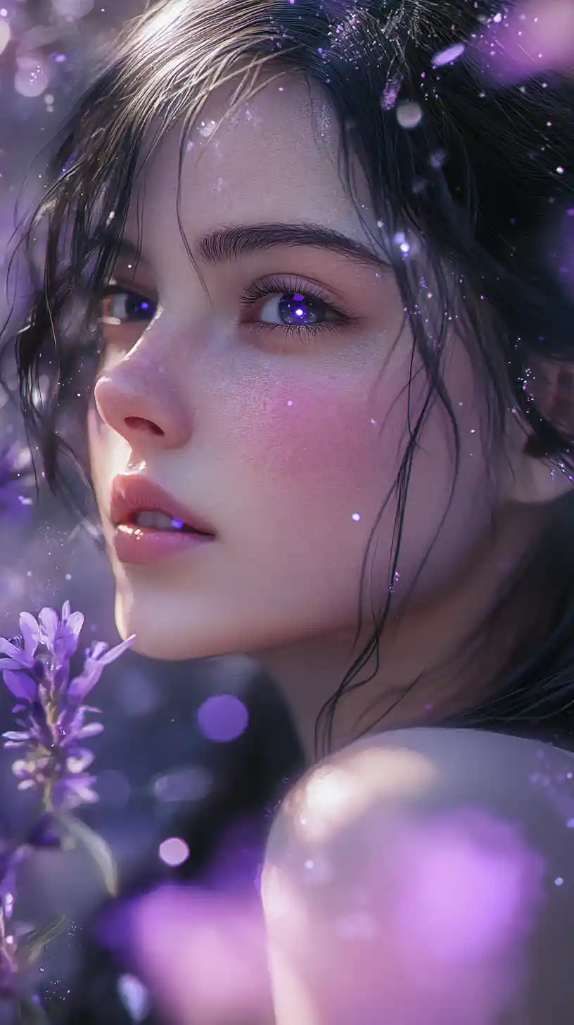 Dreamy girl portrait in a glowing lavender fantasy garden