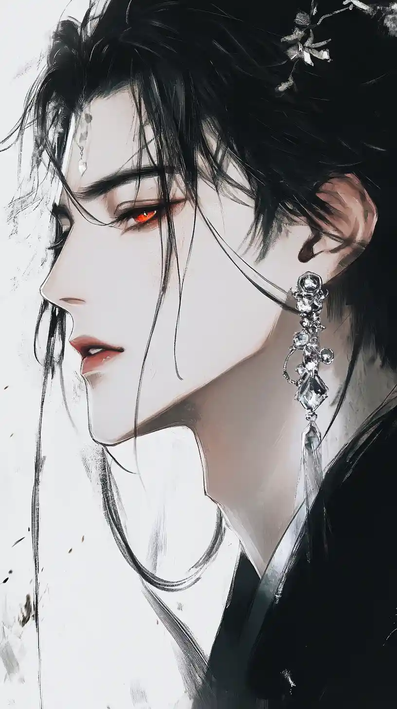 Ethereal Anime Man With Crimson Eyes Close Up Portrait