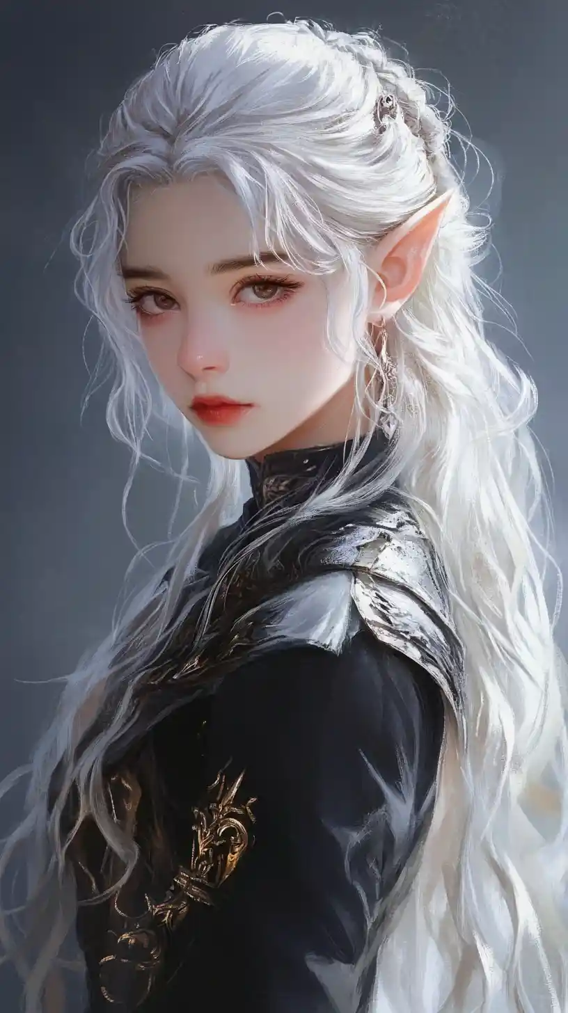 Stoic elf girl in layered tribal fantasy clothing