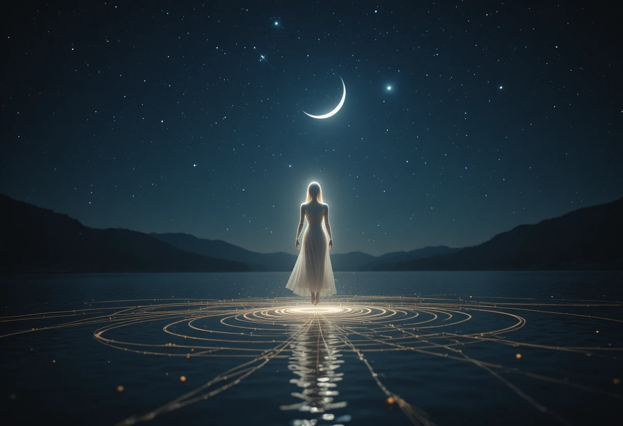 Glowing ethereal figure floating above a tranquil night lake