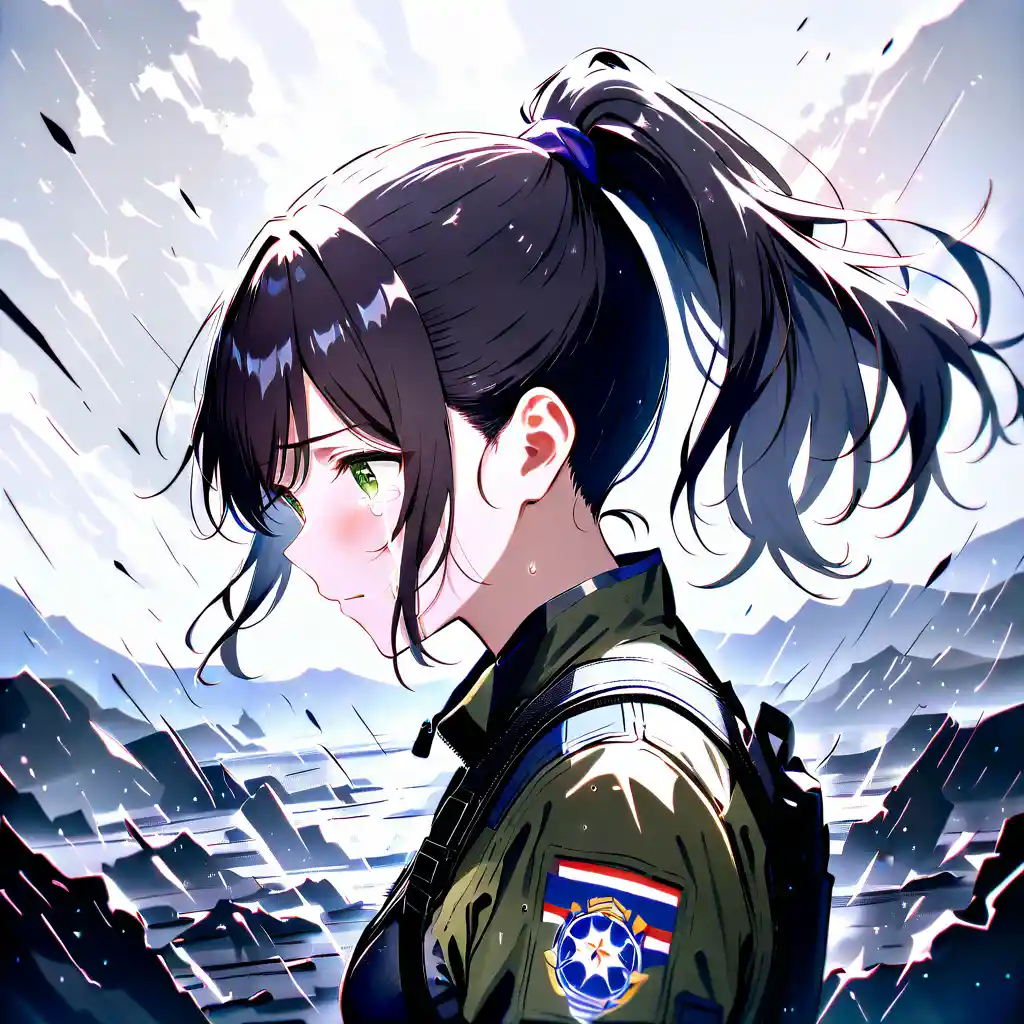 Young wounded warrior woman crying on a rainy battlefield