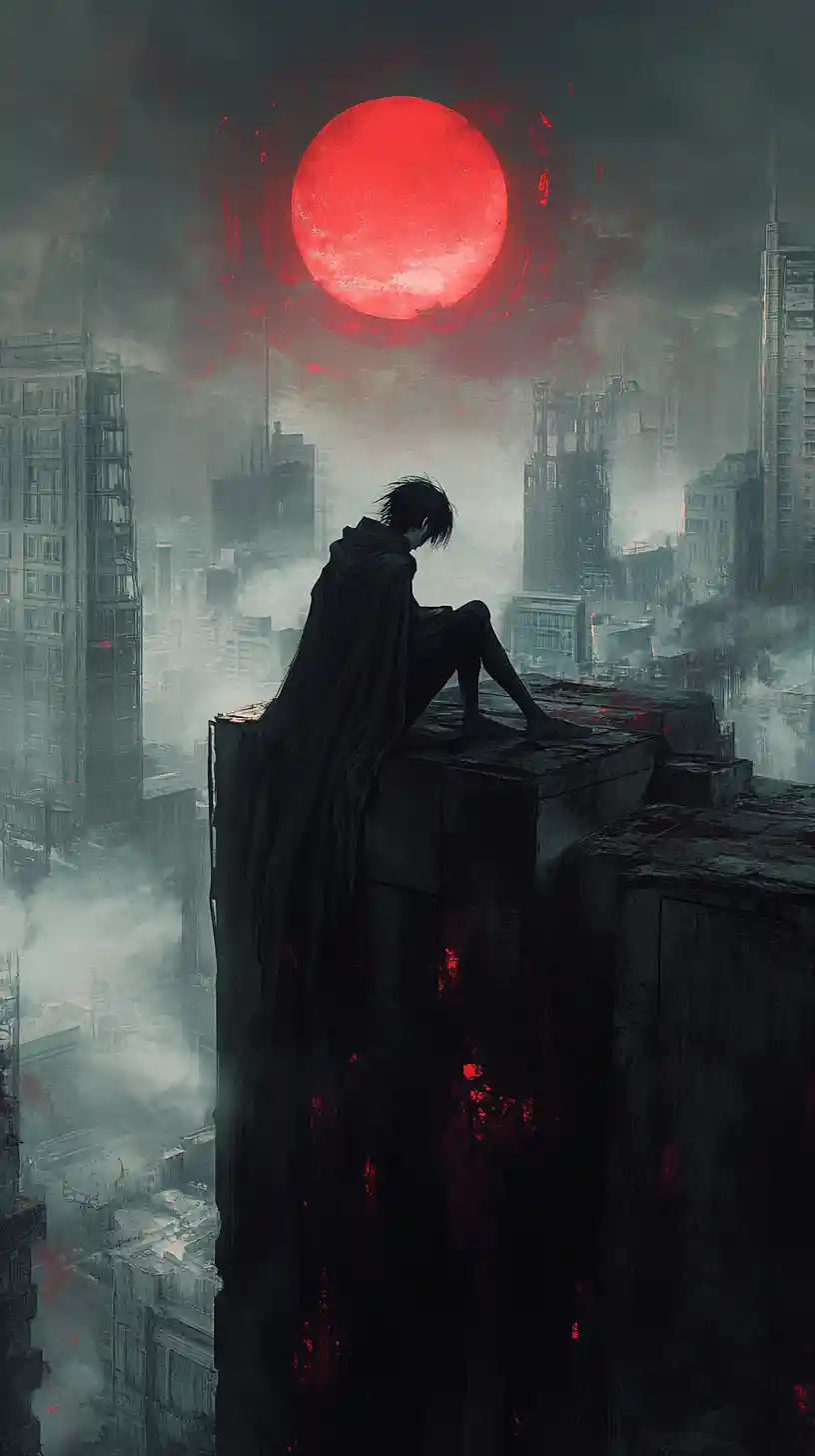 Solitary figure on ruined rooftop above misty dystopian city